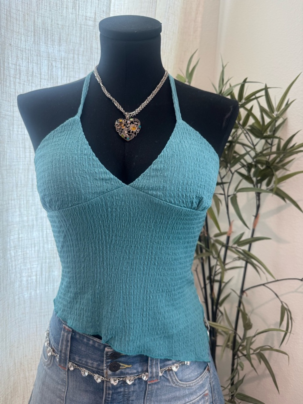 Teal Textured Halter Tank Top - Women